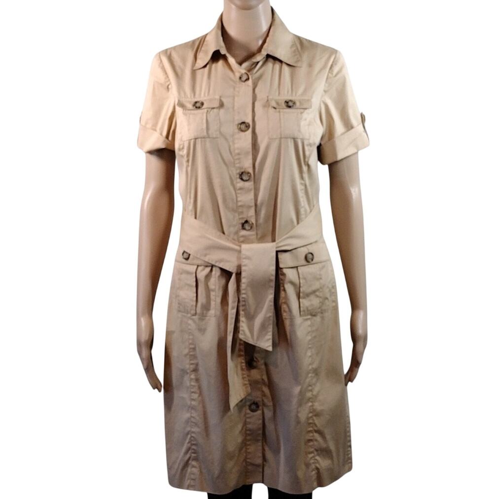 Anne Klein Shirtdress Women’s 6P Beige Safari Utility Belted Knee Length Petite